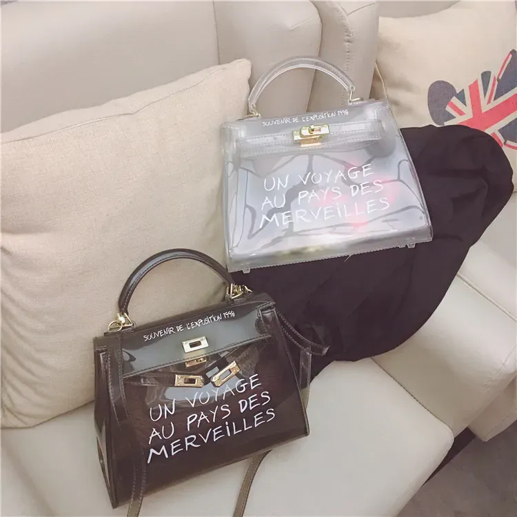 Women Fashion Letter Print Clear PVC Jelly Handbag - Image 5