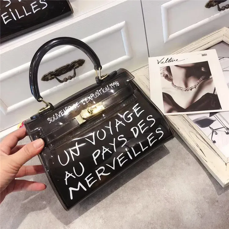 Women Fashion Letter Print Clear PVC Jelly Handbag - Image 6