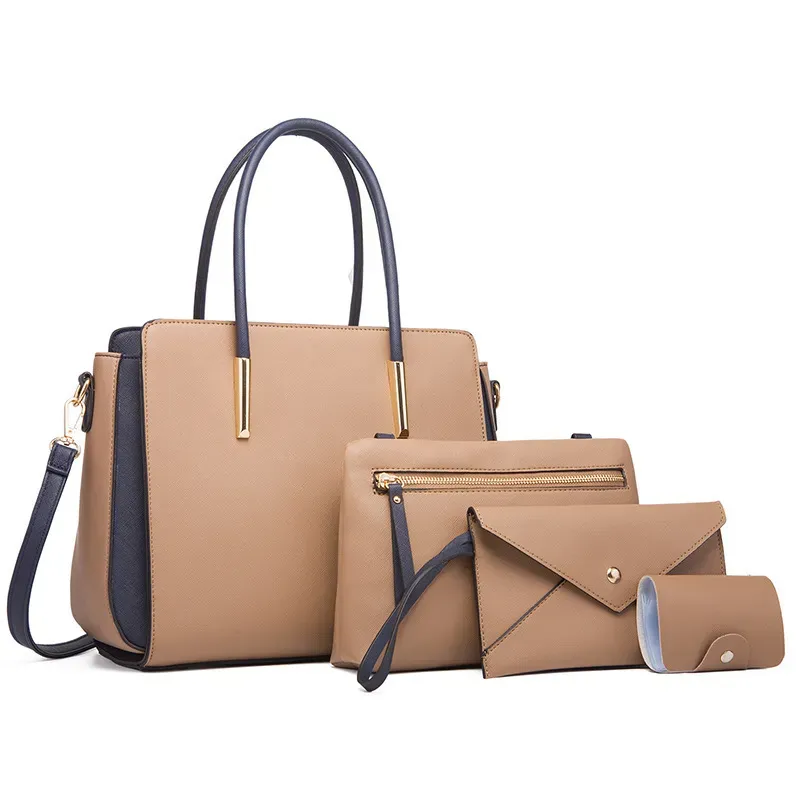 Women Fashion Large Capacity Color Block Wallet Handle Shoulder Bag Four-Piece Set - Image 3