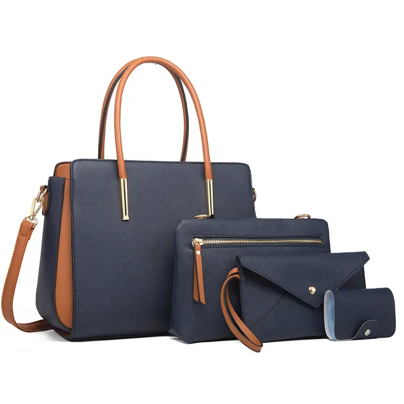 Women Fashion Large Capacity Color Block Wallet Handle Shoulder Bag Four-Piece Set - Image 7