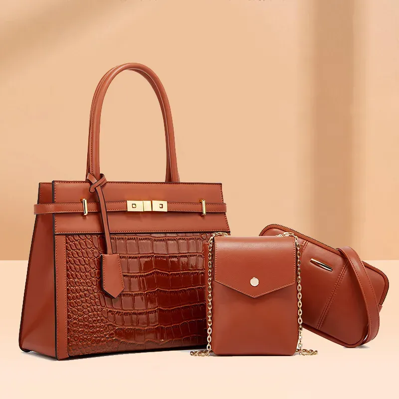 Women Fashion Large Capacity Crocodile Pattern Square Handle Shoulder Bag Chain Crossbody Bag Three-Piece Set