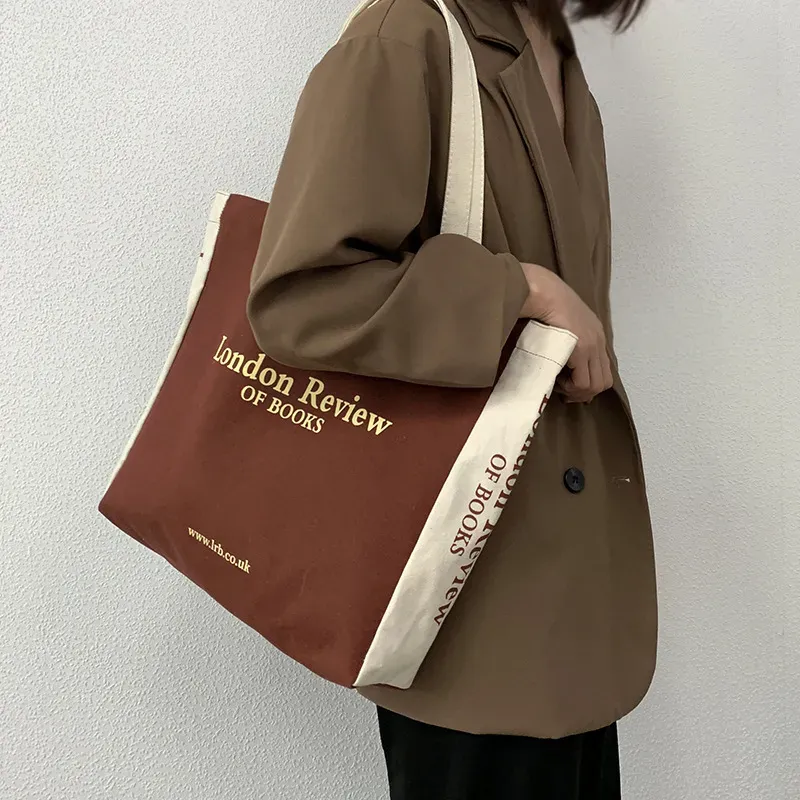 Women Fashionable Simple Letter Print Large Capacity Canvas Tote Bag - Image 8