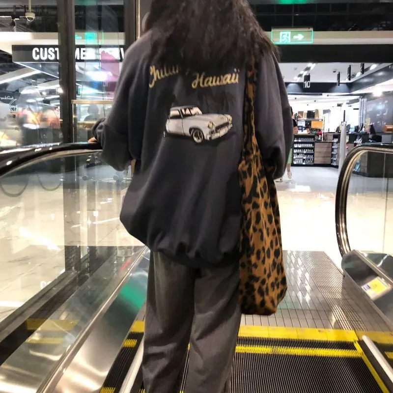 Women Fashion Corduroy Leopard Print Large Capacity Canvas Tote Bag - Image 3