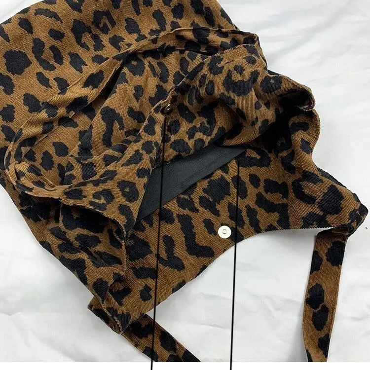 Women Fashion Corduroy Leopard Print Large Capacity Canvas Tote Bag - Image 4