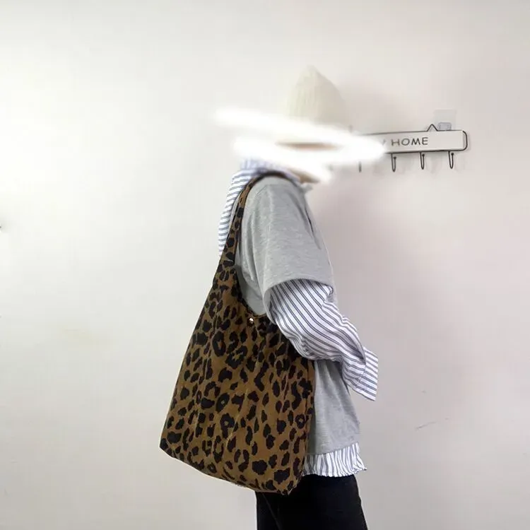 Women Fashion Corduroy Leopard Print Large Capacity Canvas Tote Bag - Image 6