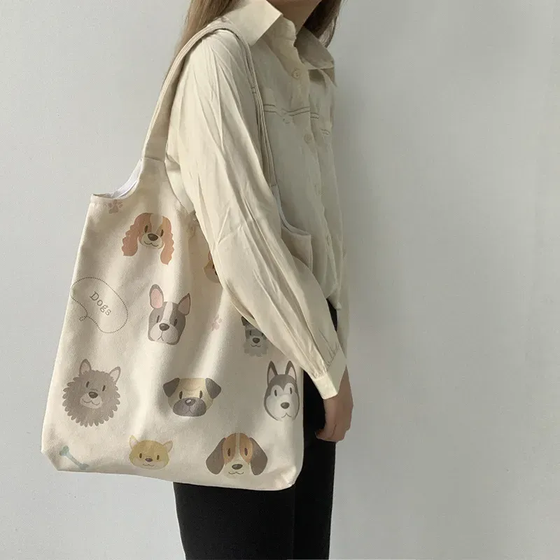 Women Fashion Cartoon Dog Print Large Capacity Canvas Tote Bag - Image 4
