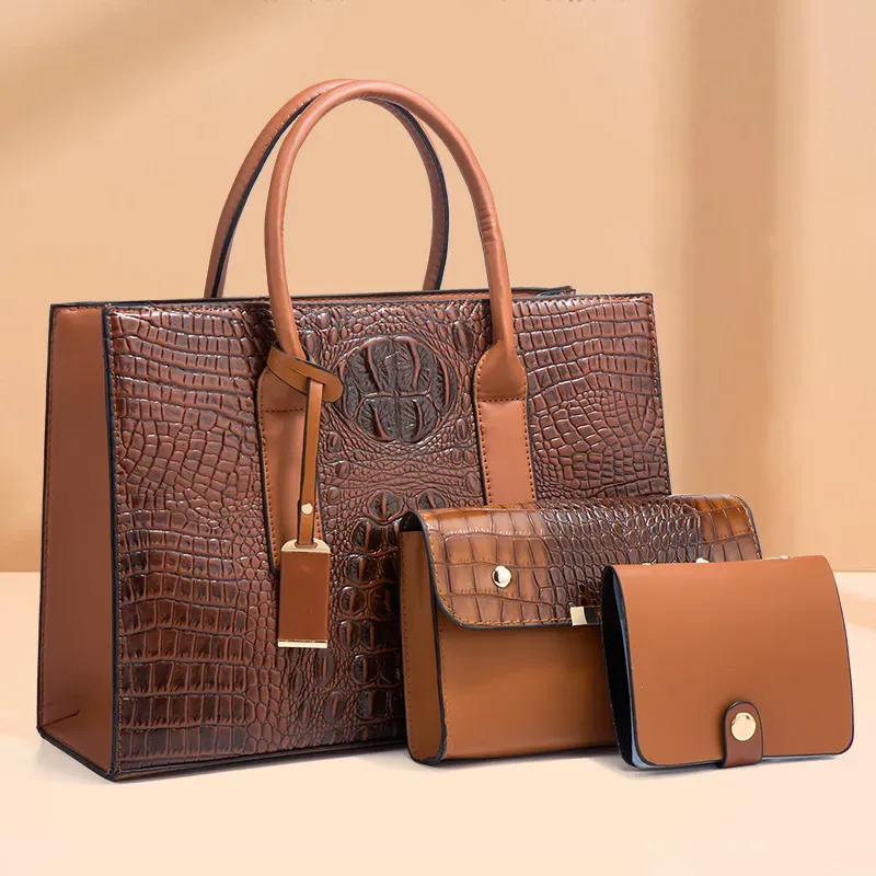 Women Fashion Crocodile Pattern Large Capacity Square Wallet Handle Bag Three-Piece Set