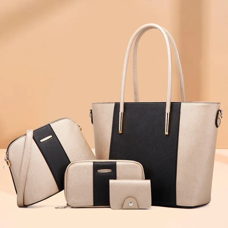 Women Fashion Color Block Large Capacity Zipper Wallet Handle Bag Four-Piece Set