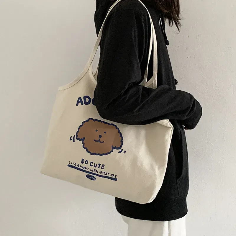 Women Cartoon Cute Letter Bear Printed Large Capacity Canvas Tote Bag