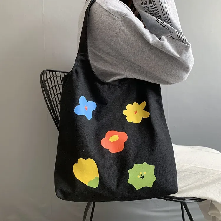 Women Fashion Cartoon Multicolor Floral Print Large Capacity Canvas Tote Bag - Image 3