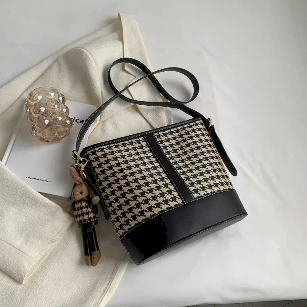 Women Fashion Houndstooth Cartoon Pendant Bucket Shoulder Bag