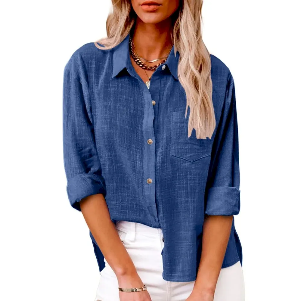 Women Casual Solid Color Cotton Linen Blouses - Image 3