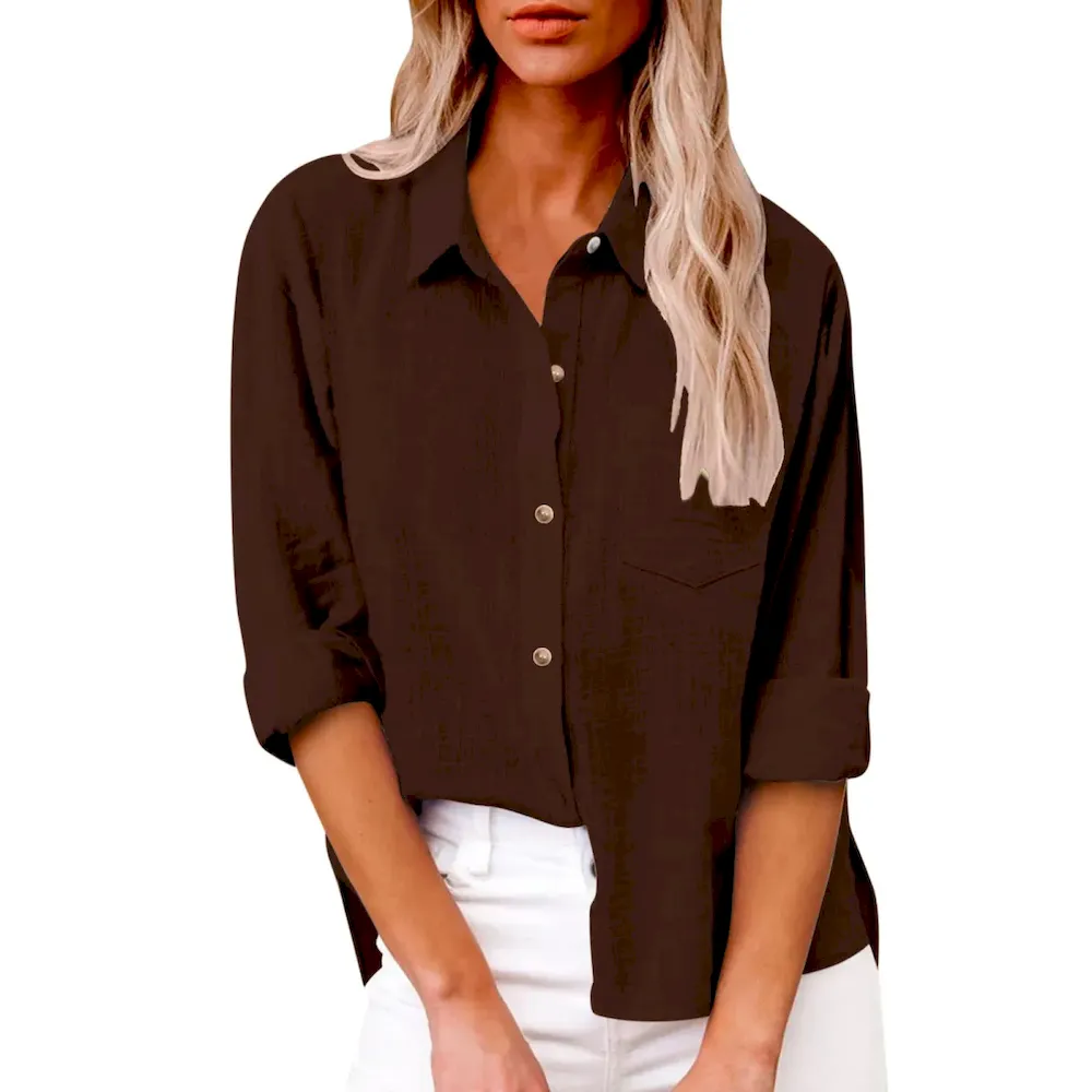 Women Casual Solid Color Cotton Linen Blouses - Image 27