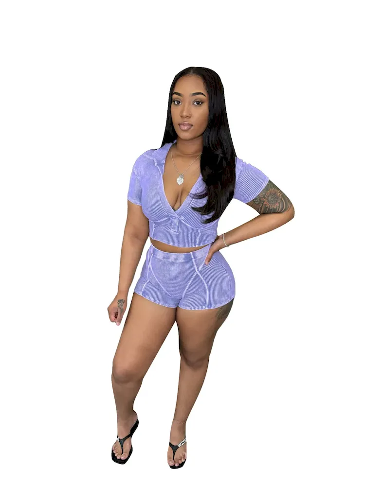 Women Fashion Casual Deep V-Collar Short Sleeve Threaded Top Shorts Two-Piece Set - Image 6