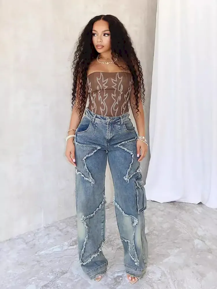 Women Vintage Autumn And Winter Star Tassel Fringe Loose Straight Casual Jeans - Image 5