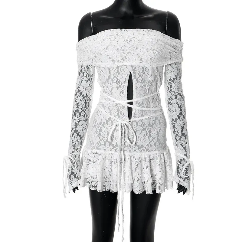 Women Fashion Sexy Solid Color Off Shoulder Mesh Long Sleeve Strap Dress - Image 6