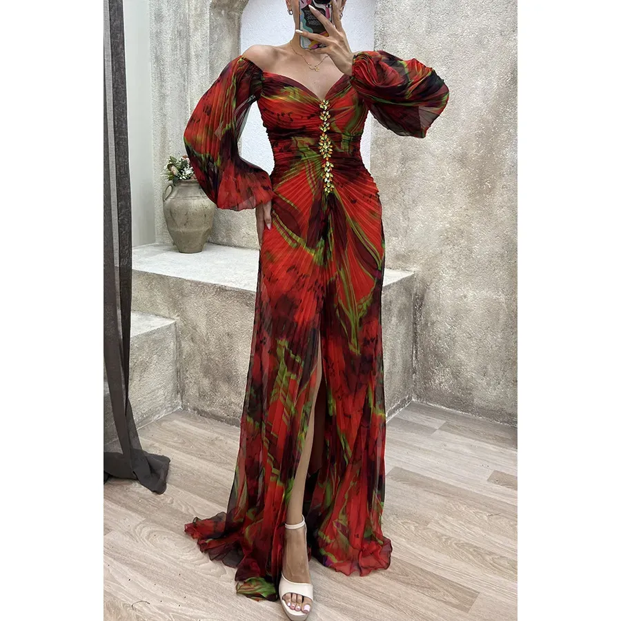 Women Fashion Elegant Pleated Split Long Sleeve Maxi Dress - Image 3