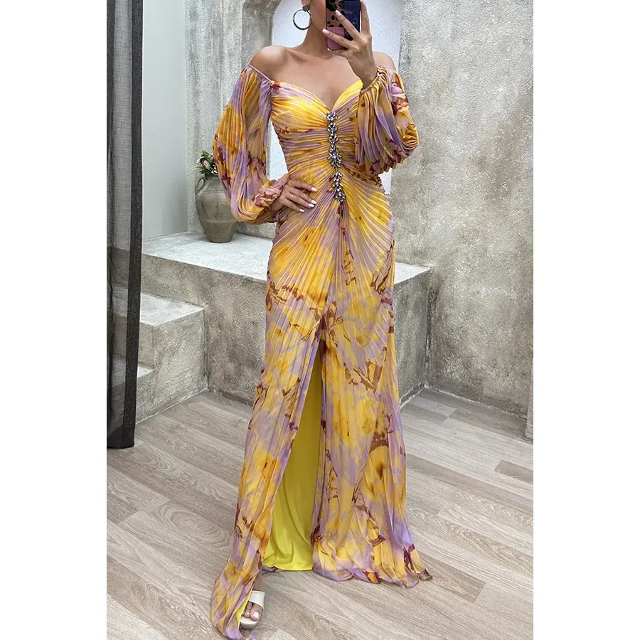 Women Fashion Elegant Pleated Split Long Sleeve Maxi Dress - Image 6
