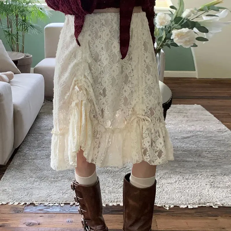 Summer Women Fashion Palace Style Lace Ruffled Skirt