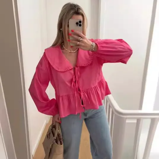 Women Fashion Casual Solid Color Doll Collar Lace Shirt Top