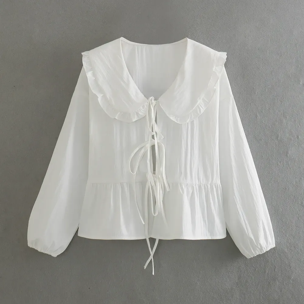 Women Fashion Casual Solid Color Doll Collar Lace Shirt Top - Image 6