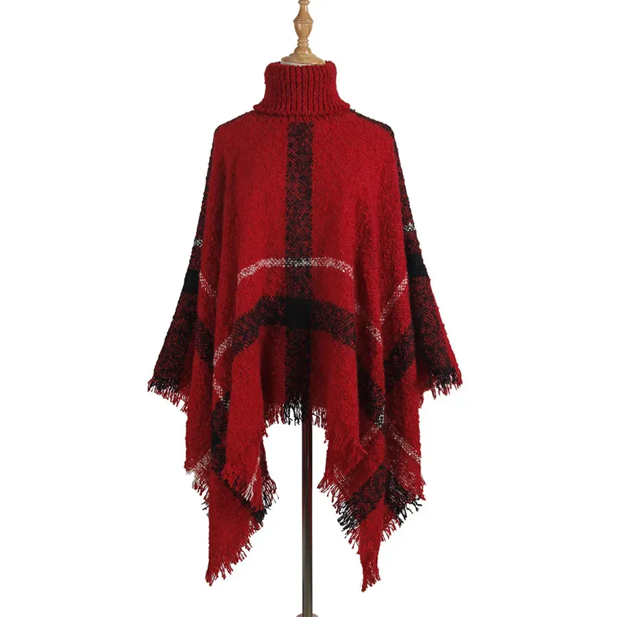 Autumn Winter Women Fashion High Collar Tassel Poncho Loose Knitted Top - Image 6