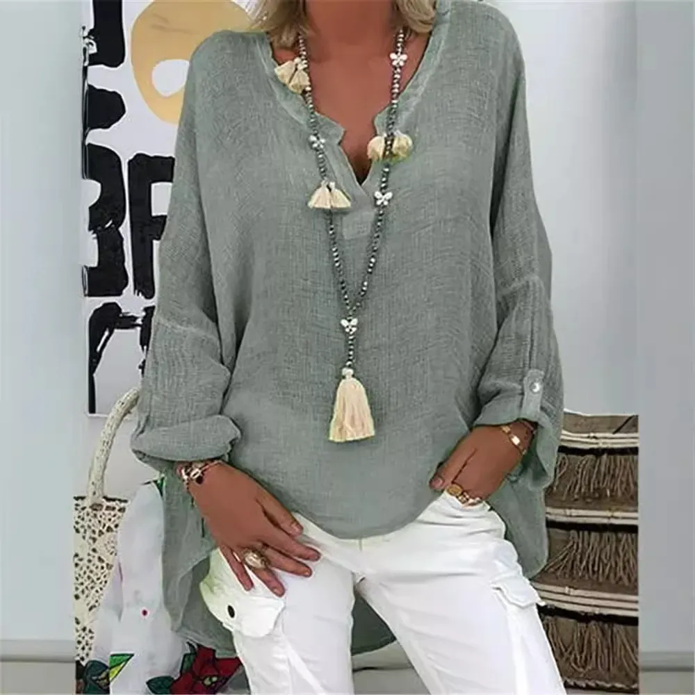 Plus Size Solid Long Sleeve Women Loose Casual V Neck Blouse