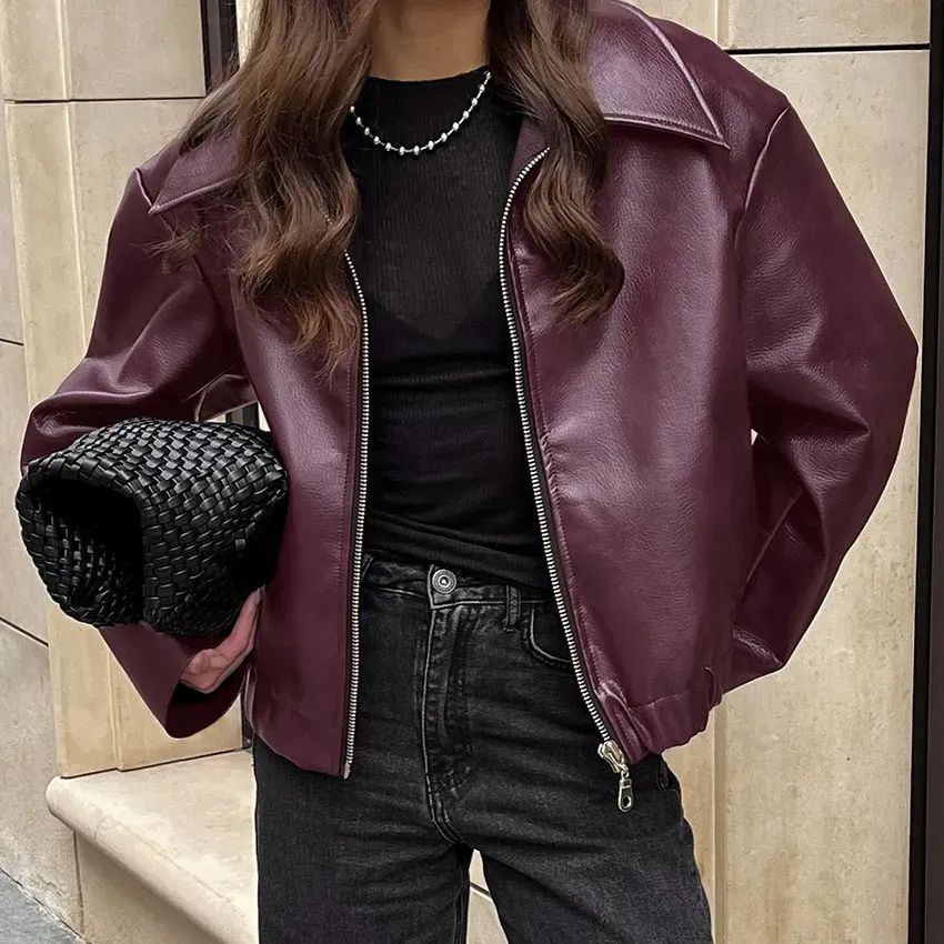 Autumn Winter Women Fashion Punk Lapel Zipper Long Sleeve Loose PU Coat
