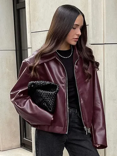 Autumn Winter Women Fashion Punk Lapel Zipper Long Sleeve Loose PU Coat - Image 4