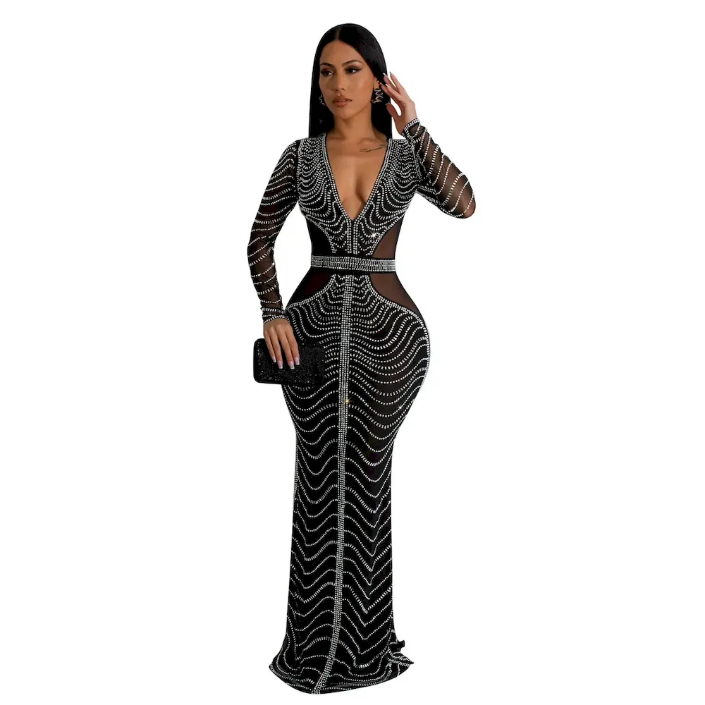 Women Fashion Sexy Deep V Mesh Hot Drilling Long Sleeve Maxi Party Dress - Image 5