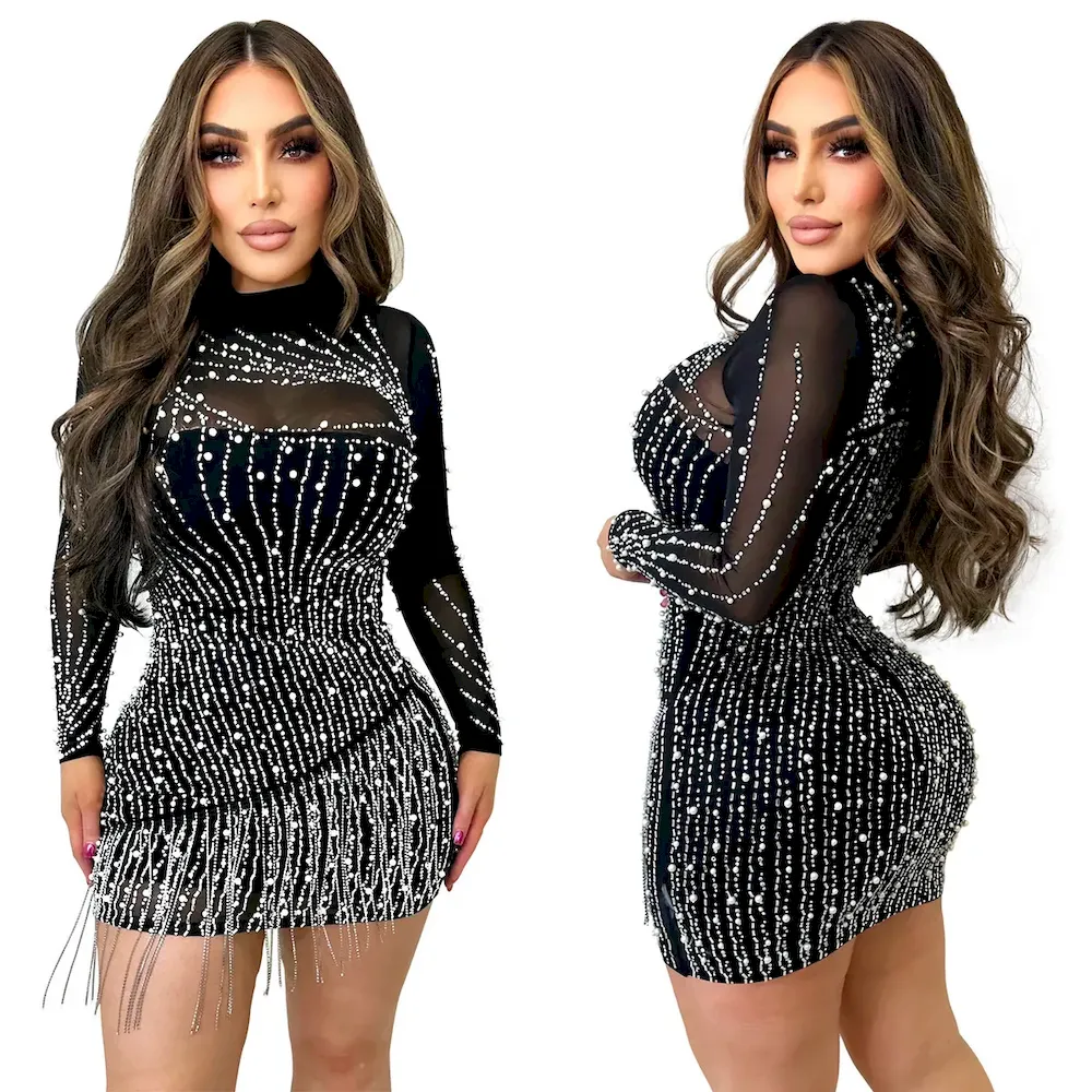 Fashion Women Long Sleeve Mesh Rhinestone Bubble Bead Party Mesh Dress - Image 4