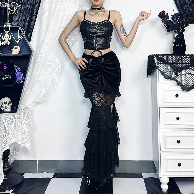 Women Fashion Dark Gothic Multi-Layer Stitching Split Fishtail Skirt - Image 4