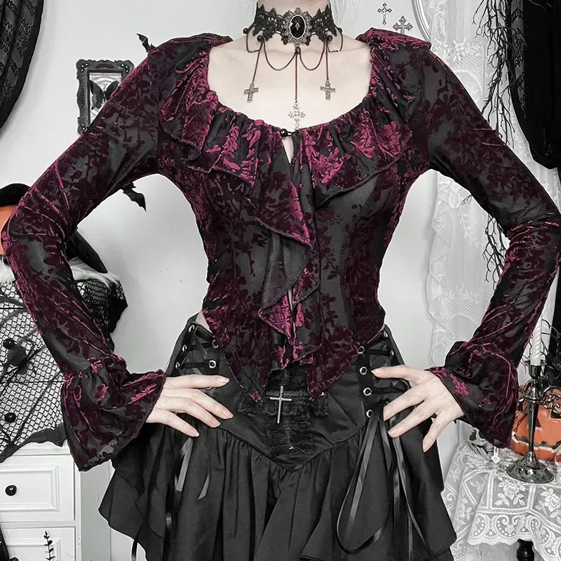 Summer Women Vintage Gothic V-Neck Floral Print Long Sleeve Top