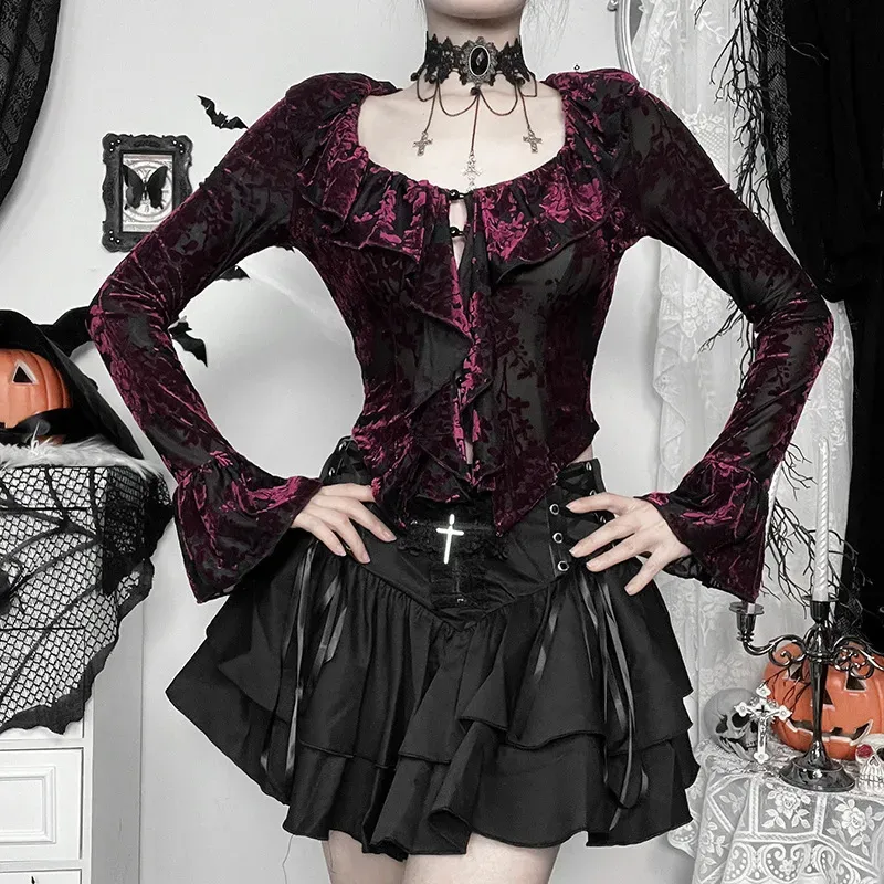Summer Women Vintage Gothic V-Neck Floral Print Long Sleeve Top - Image 4