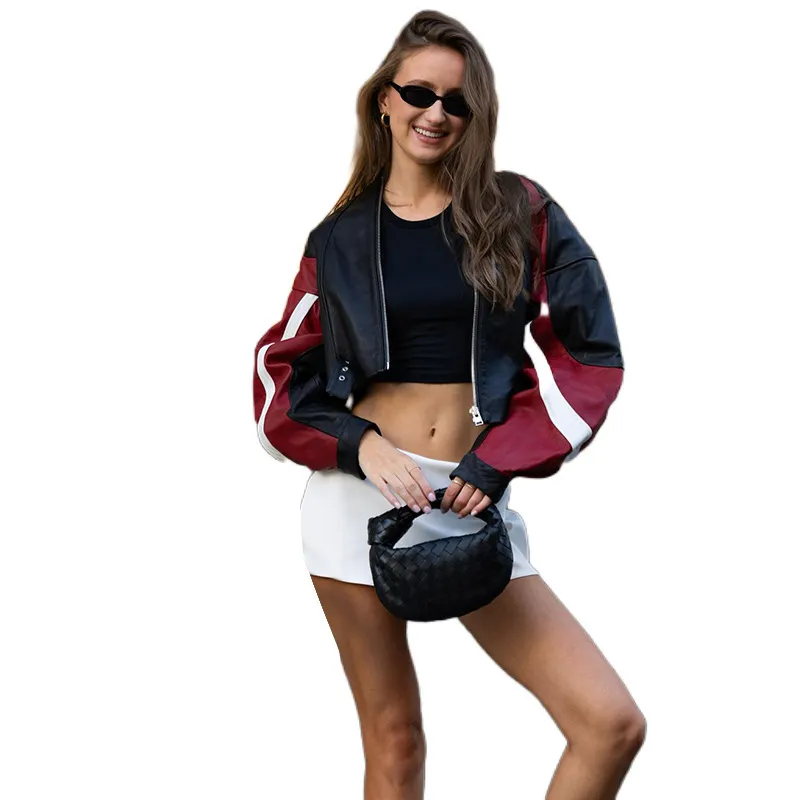 Autumn And Winter Women Fashion Motorcycle Color Contrast Slim Round Neck Pu Leather Jacket Coat - Image 5