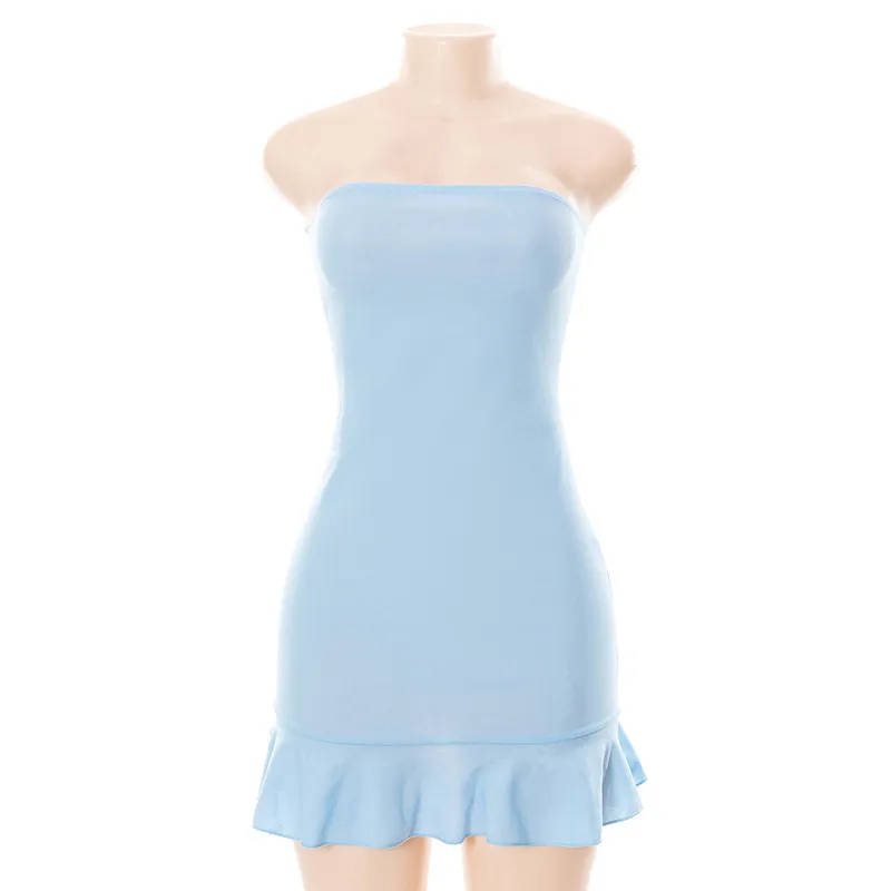 Women Sexy Ruffled Hemline Solid Color Tube Dress - Image 6