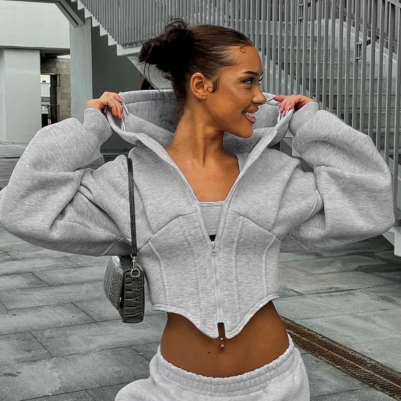 Women Fashion Autumn And Winter Casual Zipper Long Sleeve Hooded Cardigan Short Jacket
