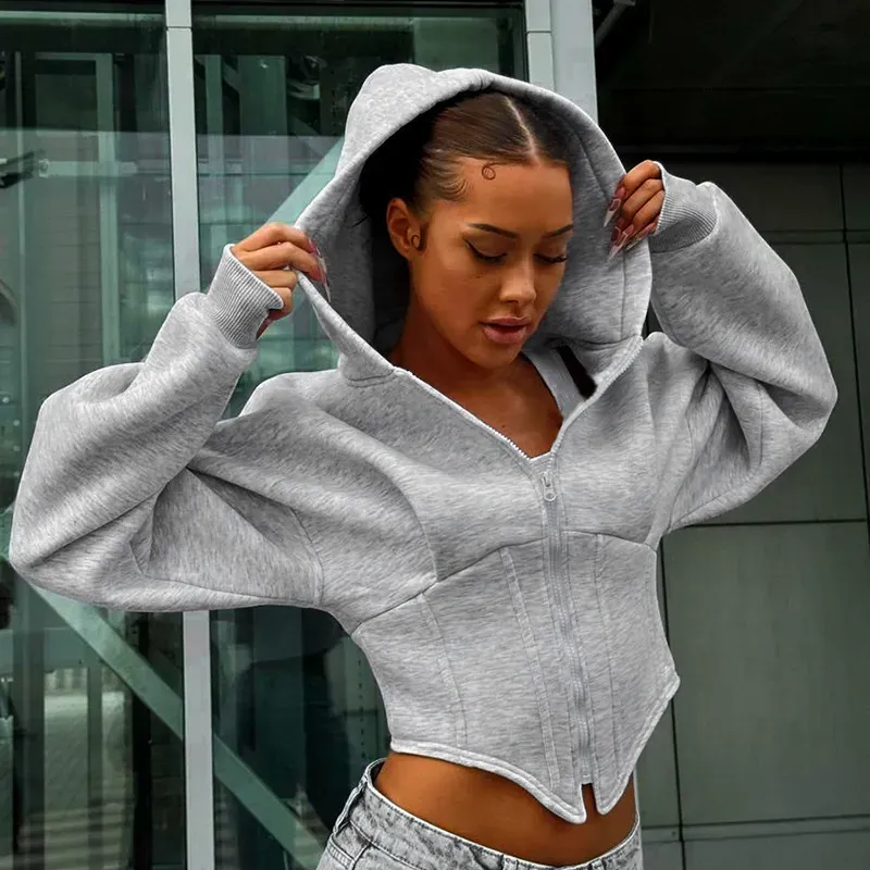 Women Fashion Autumn And Winter Casual Zipper Long Sleeve Hooded Cardigan Short Jacket - Image 3