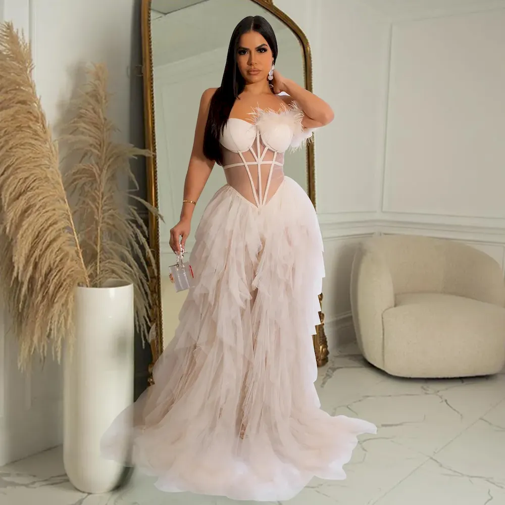 Fashion Women Solid Color Off-Shouder Mesh Formal Dress