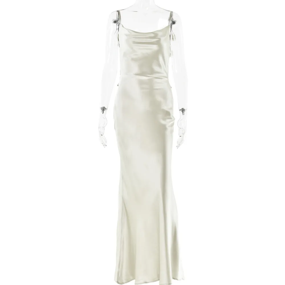 Women Elegant Solid Color Satin Backless Party Formal Dress - Image 5