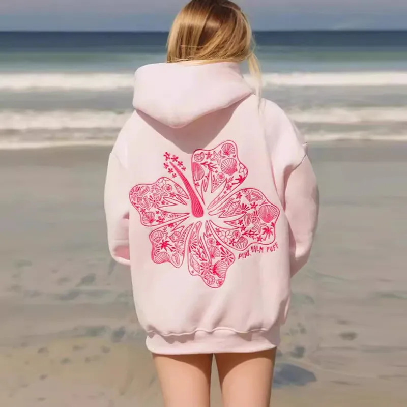 Plus Size Women Casual Floral Print Loose Hoodie