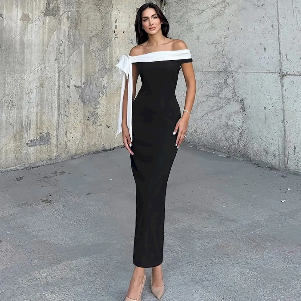 Women Elegant Off-Shoulder Ribbon Bodycon Maxi Dress - Image 4