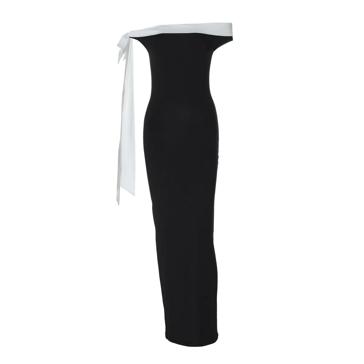 Women Elegant Off-Shoulder Ribbon Bodycon Maxi Dress - Image 5
