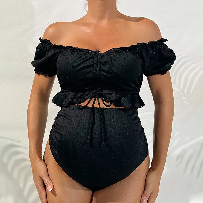 Pregnant Women Fashion Solid Color Hollow-Out Drawstring Swimsuit
