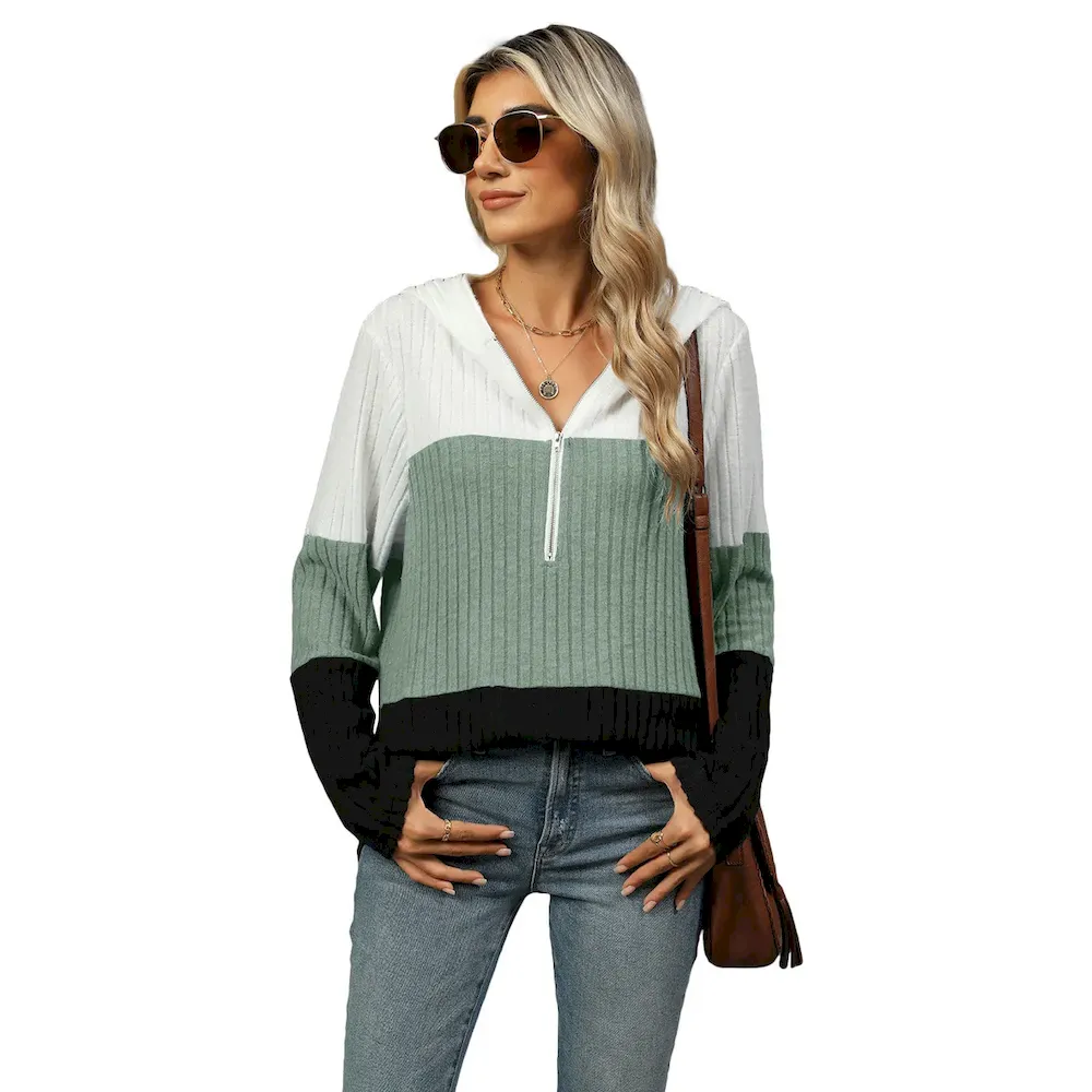 Women Fashion Casual Loose Contrast Color Stitching Zipper Long Sleeve Hoodies - Image 7