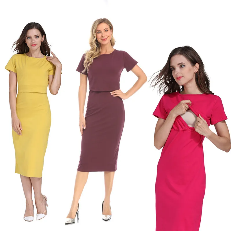 Summer Pregnant Women Casual Solid Color Elastic Slim Round Neck Short Sleeve Nursing Dress