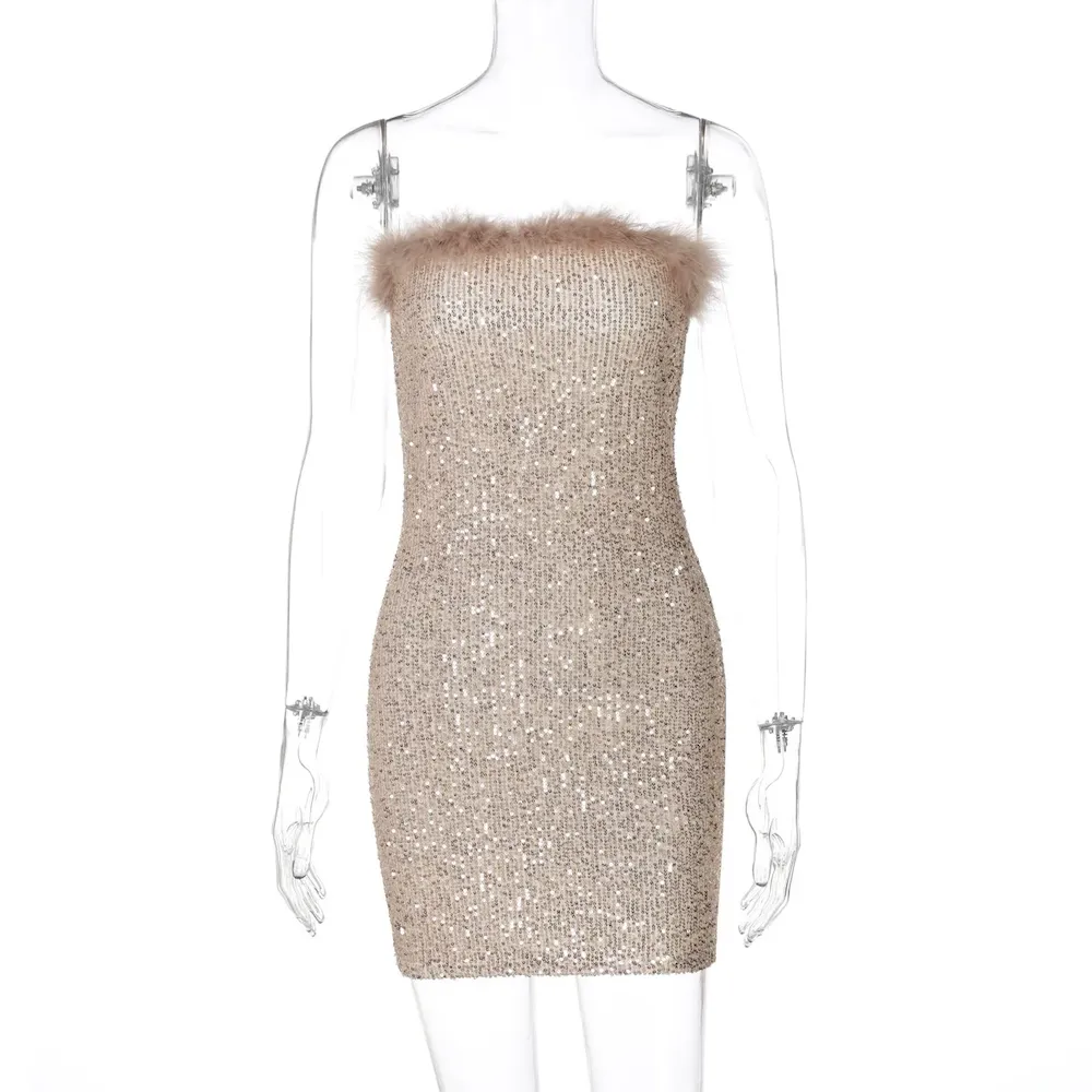 Women Nightclub Nightclub Sexy Sequins Feather Tube Top Bodycon Mini Dress - Image 6