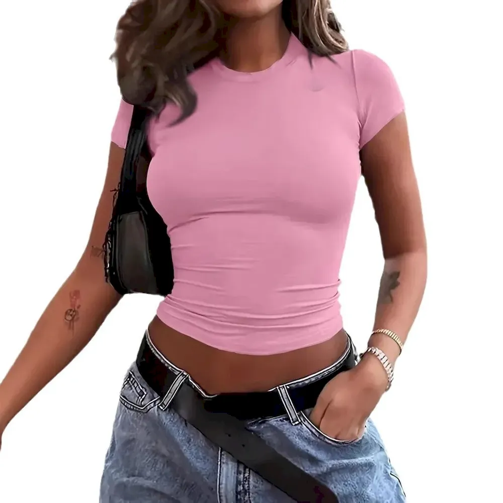 Women Fashion Sexy Solid Color Round Neck Short-Sleeve T-Shirt - Image 9