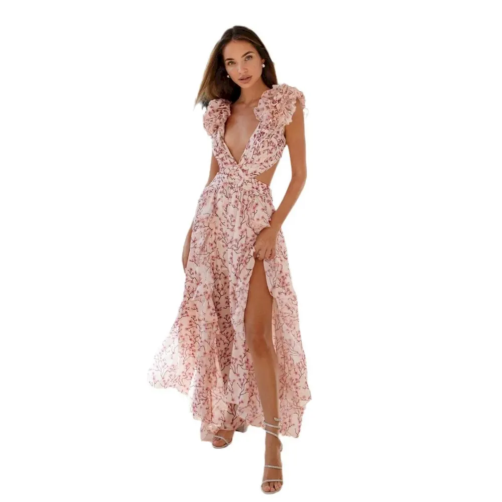 Women Summer Vacation Hollow-Out Slim-Fit Deep V Ruffled Tiny Flower Backless Maxi Dress - Image 5