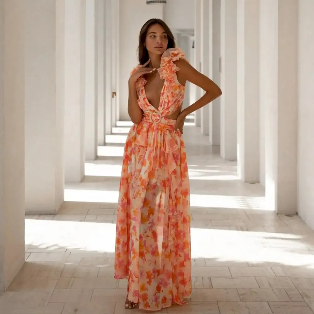 Women Summer Vacation Hollow-Out Slim-Fit Deep V Ruffled Tiny Flower Backless Maxi Dress - Image 8